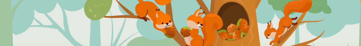 Squirrel in forest storing food and nuts for winter. Cartoon squirrels on tree branch and in hollow. Nature wild animals nowaday vector children illustration